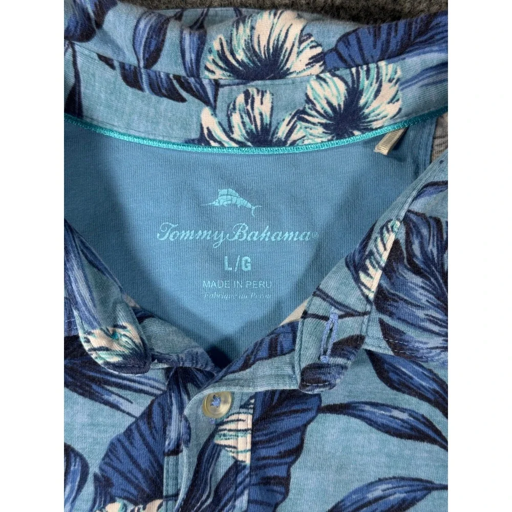 Tommy Bahama Polo Shirt Mens Large L Blue Tropical Hibiscus Floral Stretch Polo
